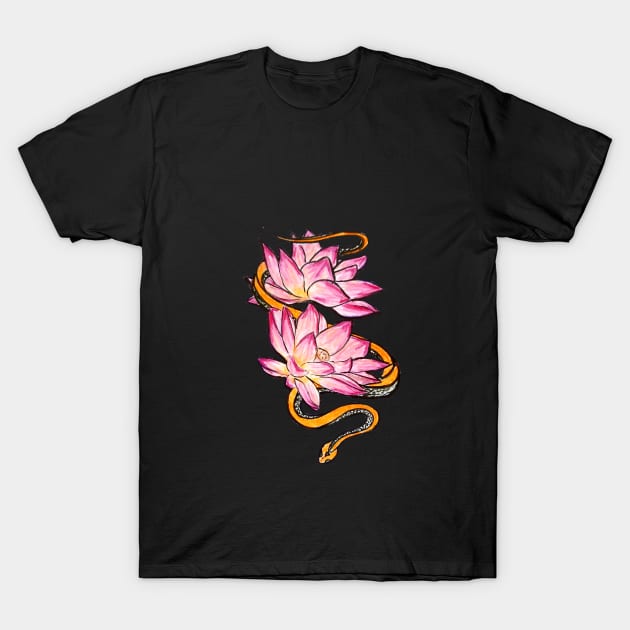 Pink Lotus, Orange Snake T-Shirt by OliviaBethWorks